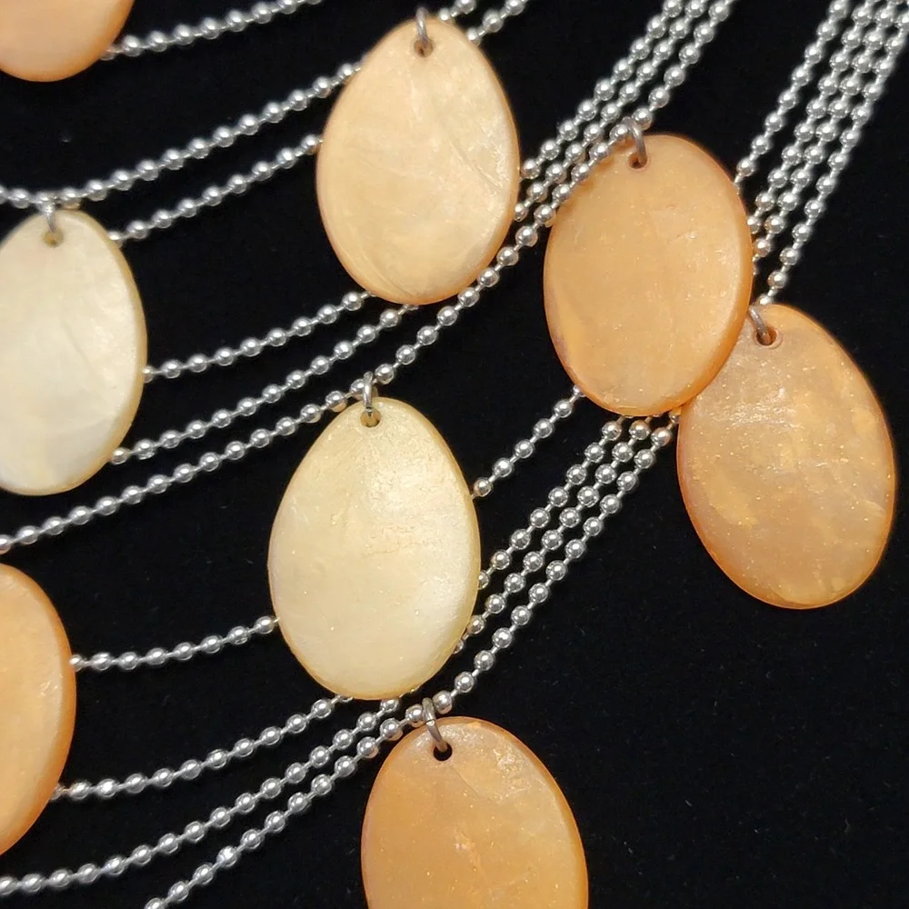 Orange & Silver Tone Multi Strand Waterfall Bib Necklace Statement Retro Boho